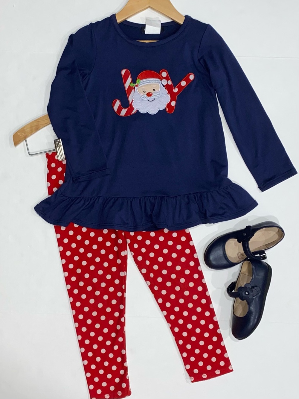Rare Too! Christmas “JOY” Santa Blue Tunic and Red Polka Dot Pant Set 4T